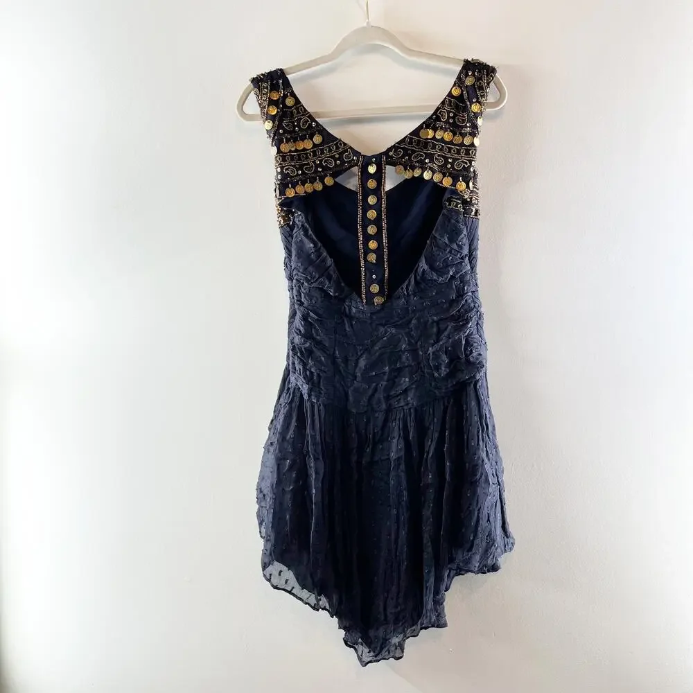 Free People Jeweled Beaded Fit and Flare Mini Dress Navy Blue 4